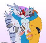 5_fingers abs anthro anthro_on_anthro areola arm_around_another arm_around_partner arm_belt artist_name athletic athletic_anthro athletic_male ball_fondling balls bandai_namco barazoku biceps big_muscles biped black_nose blue_body blue_scales claws colored countershade_fur countershade_hands countershade_scales countershading deltoids digimon digimon_(species) digital_drawing_(artwork) digital_media_(artwork) dipstick_ears ear_markings erection fangs finger_claws fingers flamedramon flat_colors fondling front_view fur genitals glans gradient_background green_eyes grey_body grey_fur group hair hand_around_waist hand_behind_head hand_belt hand_on_another&#039;s_balls hand_on_another&#039;s_chest hand_on_another&#039;s_penis hand_on_penis hi_res humanoid_genitalia humanoid_hands humanoid_penis interspecies licking licking_lips long_ears looking_at_another looking_at_viewer male male/male male_anthro manly mask mask_only multicolored_body multicolored_ears multicolored_fur multicolored_scales muscle_size_difference muscular muscular_anthro muscular_arms muscular_male narrowed_eyes nipples non-mammal_balls non-mammal_nipples nude nude_anthro nude_male open_mouth open_smile orange_hair overbite patreon patreon_logo patreon_username pecs penis penis_size_difference pink_areola pink_glans pink_nipples pink_penis pink_tongue portrait purple_claws purple_finger_claws red_eyes scales scalie shaft_divide sharp_teeth simple_background smile smiling_at_another smiling_at_viewer spelunker_sal standing striped_body striped_fur stripes teeth text three-quarter_portrait three-quarter_view tongue tongue_out triceps trio two_tone_body two_tone_scales underbite vein veiny_penis wargreymon weregarurumon white_body white_claws white_countershading white_finger_claws white_scales wrist_belt yellow_body yellow_eyes yellow_scales