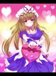  blonde_hair blush bow box breasts choker cleavage detached_sleeves dress elbow_gloves frilled_dress frills gift gloves hat hat_ribbon heart heart-shaped_box letterboxed long_hair medium_breasts purple_eyes ribbon solo touhou valentine very_long_hair white_gloves wrwr yakumo_yukari 