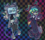 2_horns 4_eyes ambiguous_gender animal_humanoid antennae_(anatomy) anthro arthropod arthropod_abdomen arthropod_humanoid black_background bodily_fluids boots bottomwear btascandalist checkered checkered_background clothed clothed_anthro clothed_humanoid clothed_male clothing crop_top cross cross_necklace dress duo electronics eyewear femboy footwear for_a_head fully_clothed fully_clothed_anthro fully_clothed_humanoid fully_clothed_male glasses gradient_background green_hair grin hair horn humanoid insect insect_humanoid jewelry male mammal multi_eye necklace nervous nervous_smile nervous_sweat nonbinary_(lore) nun nun_outfit nun_veil object_head pants pattern_background paws rainbow_background screen screen_face screen_head shirt shoes shovel simple_background smile standing sweat sweatdrop sweatpants tail television tools topwear tv_head veil wearing_glasses