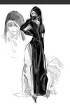  1girl black_bodice black_capelet black_hood blood blood_on_face capelet chenyangforone dress elden_ring elden_ring_nightreign full_body hashtag-only_commentary highres hood multiple_views nun pelvic_curtain red_eyes sketch spot_color standing staring undertaker_(elden_ring) white_background white_dress wiping_face 