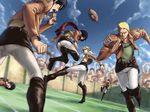  3girls annie_leonhardt beast_titan belt bertolt_hoover black_hair blonde_hair boots broad_shoulders dnlin emblem eren_yeager football football_(object) freckles giant jacket jumping kicking long_hair lying mikasa_ackerman multiple_boys multiple_girls open_mouth paradis_military_uniform reiner_braun running scarf shingeki_no_kyojin short_hair thigh_strap titan_(shingeki_no_kyojin) training_corps_(emblem) wedgie ymir_(shingeki_no_kyojin) 