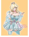  1girl alternate_breast_size_(larger) bare_shoulders blonde_hair blue_dress blue_eyes blue_thighhighs breasts choker cleavage collarbone commentary commission contrapposto cowboy_shot cropped_legs crown detached_sleeves di_draw.art dress earrings english_commentary hair_over_one_eye hand_on_own_hip highres instagram_username jewelry large_breasts long_hair mario_(series) mini_crown pink_choker rosalina see-through_clothes see-through_sleeves shiny_skin short_dress smile solo star_(symbol) strapless strapless_dress super_mario_galaxy thighhighs watermark 
