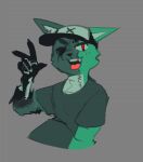 2023 5_fingers anthro baseball_cap canid canine clothed clothed_anthro clothed_male clothing derpyfox_36 derpyfox_36_(fursona) digital_drawing_(artwork) digital_media_(artwork) eye_socket eyebrow_slit eyebrows fingers fox front_view fur furgonomic_hat furgonomic_headwear furgonomics green_body green_clothing green_ears green_fur green_shirt green_topwear grey_background half-length_portrait hat headgear headwear male male_anthro mammal open_mouth open_smile portrait red_eyes shirt simple_background smile solo surgical_suture teeth topwear undead zombie