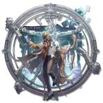  1boy arknights brown_coat brown_hat bug butterfly coat facial_hair full_body glitch hanging hat highres male_focus mustache official_art pipe_in_mouth robot shutun simple_background smoking_pipe solo third-party_source tin_man_(arknights) transparent_background trench_coat 