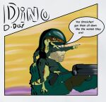 absurd_res anthro carrying_another claws clothing compsognathid compsognathus dino_d-day dinosaur duo english_text female gesture gun hand_gesture heelipmo hi_res human male mammal nazi no_shoes on_shoulder pockets pointing prehistoric_species ranged_weapon reptile saurischian scalie size_difference smaller_female speech_bubble streicher(dino_d-day) text theropod uniform weapon world_war_2