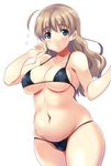  bikini blue_eyes blush breasts brown_hair flying_sweatdrops kyougoku_shin large_breasts long_hair looking_at_viewer lynette_bishop plump smile solo strike_witches sweatdrop swimsuit world_witches_series 
