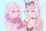  2girls ahoge animal_ear_fluff animal_ears black_choker black_mask blue_background blue_bow blue_eyes blush book bow braid breasts brown_sweater butterfly_earrings capelet cardigan castorice_(honkai:_star_rail) castorice_(ingenuity)_(honkai:_star_rail) cat_ears cat_girl cat_ornament cherlinq choker cipher_(honkai:_star_rail) cipher_(sweet_slumber)_(honkai:_star_rail) cleavage closed_mouth collarbone colored_inner_hair dress earrings eye_mask eyelashes floral_print flower gloves grey_hair hair_between_eyes hair_bow hairband hand_up hands_up hashtag-only_commentary holding holding_book honkai:_star_rail honkai_(series) jewelry long_hair long_sleeves looking_at_another mask mask_on_head medium_breasts mole multicolored_hair multiple_girls notice_lines official_alternate_costume one_eye_closed open_cardigan open_clothes open_mouth pointy_ears puffy_long_sleeves puffy_sleeves purple_eyes purple_hair simple_background single_braid single_sidelock smile star_(symbol) sweater tongue tongue_out two-tone_hair upper_body white_bow white_capelet white_dress white_gloves white_hair white_hairband 