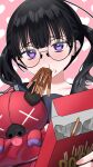  1girl black_hair black_sailor_collar black_shirt choppy_bangs commentary_request food food_in_mouth food_on_face heart heart_background highres incoming_food indie_virtual_youtuber jacket kazepana kazepana_(vtuber) long_hair pocky pocky_in_mouth purple_eyes red_jacket round_eyewear sailor_collar self-portrait shirt stuffed_toy track_jacket twintails upper_body virtual_youtuber 