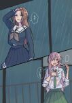  2girls absurdres bang_dream! bang_dream!_it's_mygo!!!!! blue_eyes blue_shirt blue_skirt brown_hair brown_neckerchief chihaya_anon commentary_request fang green_necktie green_skirt grey_eyes hand_on_own_chest haneoka_school_uniform highres holding holding_own_hair long_hair long_sleeves midriff_peek multiple_girls nagasaki_soyo navel neckerchief necktie open_mouth pink_hair pleated_skirt school_uniform shibadooog shirt sidelocks skirt speech_bubble translation_request tsukinomori_school_uniform wet wet_clothes wet_shirt white_shirt 