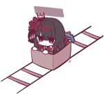  1girl armband black_dress black_hair block_(minecraft) chibi chibi_only commentary crown dress flower hair_flower hair_ornament highres hime_cut mahou_shoujo_no_majo_saiban minecart minecraft minecraft_pickaxe nikaido_hiro pickaxe railroad_tracks red_armband red_eyes red_flower simple_background solo tsu_(21uwu_) white_background 