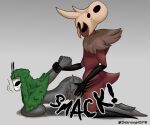 ant arthropod big_breasts black_eyes bone breasts butt_slap dehromansfw duo fan_character female fur_clothing grass grass_hair grey_body grey_skin hi_res hollow_knight:_silksong hollow_knight_(franchise) humanoid hymenopteran insect male male/female mask plant red_body red_skin shaded skarr_stalker skull slap smack_(sound_effect) smacking_ass spanked_butt spanking team_cherry text vessel