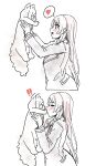  1girl absurdres animalization bang_dream! bang_dream!_it's_mygo!!!!! cat chihaya_anon closed_eyes commentary extreme_yuri_buta fang heart highres long_hair long_sleeves nagasaki_soyo pink_hair rejected_kiss simple_background skin_fang spoken_heart spot_color white_background 