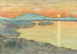  commentary_request evening hokkaido island lake landscape mountainous_horizon no_humans orange_sky original painting_(medium) paruperu real_world_location reflection reflective_liquid scenery sky sun sunset traditional_media watercolor_(medium) 