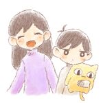  1boy 1girl antenna_hair big_yellow_cat_(omori) black_eyes blush bright_pupils brother_and_sister brown_sweater character_doll closed_mouth doll double-parted_bangs holding holding_stuffed_toy long_hair long_sleeves lowres mari_(faraway)_(omori) mari_(omori) omori open_mouth purple_sweater short_hair siblings simple_background smile stuffed_animal stuffed_cat stuffed_toy sun_iiinu sunny_(omori) sweater white_background white_pupils 