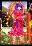  aura breasts dress glowing hair_ornament hairband hand_on_hip large_breasts leaf letterboxed mountain onbashira purple_hair red_eyes rope sandals shimenawa short_hair smile solo tabi touhou wrwr yasaka_kanako 