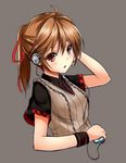  audio-technica black_shirt brown_eyes brown_hair cable digital_media_player fatkewell grey_background headphones holding original ponytail shirt short_hair short_ponytail short_sleeves simple_background solo sweater_vest wristband 