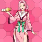  1girl aliasing alternate_hairstyle bracelet braid clothing_cutout commentary cowboy_shot cup dress english_commentary green_eyes green_ribbon hair_ribbon haruno_sakura heyreza.art highres holding holding_tray jewelry naruto_(series) naruto_shippuuden open_mouth pink_dress pink_hair ribbon shoulder_cutout side_slit smile solo teacup teapot tray wide_sleeves 