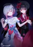  2girls beret black_hair black_hat black_shirt black_skirt blurry blurry_foreground bug butterfly commentary_request dress flower gradient_hair hair_flower hair_ornament hat highres holding_hands long_hair long_sleeves looking_at_viewer mahou_shoujo_no_majo_saiban multicolored_hair multiple_girls necktie nikaido_hiro official_alternate_costume open_mouth pink_eyes pleated_skirt puffy_short_sleeves puffy_sleeves red_butterfly red_eyes red_flower red_necktie sakuraba_ema shirt short_hair short_sleeves skirt smile spoilers standing superneneko white_dress white_flower white_hair x_hair_ornament 
