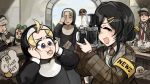  5girls :d bird black_hair blonde_hair blue_eyes body_writing brown_eyes brown_hair camera chicken closed_eyes clumsy_nun_(diva) diva_(hyxpk) duck english_commentary facepalm freckles froggy_nun_(diva) grey_hair hair_ornament hairpin highres holding holding_camera holding_newspaper little_nuns_(diva) mole mole_on_cheek multiple_girls necktie newspaper nun ostrich reading red_necktie reporter_(diva) sheep_nun_(diva) smile strict_nun_(diva) tongue tongue_out traditional_nun triangle_mouth 