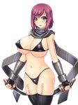  abu bikini black_bikini blue_eyes blush breasts covered_nipples dual_wielding fingerless_gloves gloves highres holding large_breasts looking_at_viewer nel_zelpher red_hair reverse_grip scarf short_hair short_sword solo star_ocean star_ocean_till_the_end_of_time swimsuit sword tattoo thighhighs weapon 