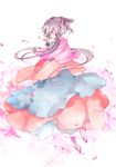  blowing chinese_clothes closed_eyes dress flats floating from_side full_body grey_hair hair_ornament hair_rings hair_tubes hanfu highres long_hair long_sleeves luo_tianyi mochaaoi open_hands petals pink_footwear shawl short_hair_with_long_locks sidelocks vocaloid vocanese 