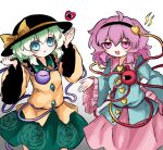  2girls :d ahoge arms_up black_hairband black_hat blue_archive blue_shirt bow buttons collared_shirt cowboy_shot diamond_button floral_print frilled_shirt_collar frilled_sleeves frills gradient_background green_eyes green_hair green_skirt grey_background hair_ornament hairband hat hat_bow hat_ribbon heart heart_button heart_hair_ornament heripantomorrow hikari_(blue_archive) holding holding_knife knife komeiji_koishi komeiji_satori lightning_bolt_symbol long_sleeves looking_at_viewer medium_hair multiple_girls nozomi_(blue_archive) open_mouth pink_hair pink_skirt pose_imitation ribbon rose_print shirt siblings sisters skirt smile third_eye touhou white_background wide_sleeves yellow_bow yellow_ribbon yellow_shirt 