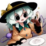  1girl black_eyes black_hat buttons diamond_button eyeball food frilled_shirt_collar frilled_sleeves frills green_hair hat hat_ribbon heart heart_of_string heripantomorrow holding holding_knife knife komeiji_koishi meat plate ribbon sharp_teeth shirt smile solo sparkle steak teeth third_eye touhou wide_sleeves yellow_ribbon yellow_shirt 