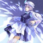  apron blue_eyes hat ice juliet_sleeves koruse letty_whiterock long_sleeves open_mouth puffy_sleeves purple_hair scarf shirt skirt skirt_set solo touhou triangular_headpiece waist_apron white_scarf 