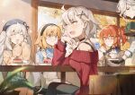  1boy 4girls absurdres ahoge bare_shoulders beret black_gloves black_hat black_pantyhose black_shirt blonde_hair blue_eyes blue_shirt blush breasts brown_jacket brown_sweater cake choker citrusarjun cup eating edmond_dantes_(fate) fate/grand_order fate_(series) food fujimaru_ritsuka_(female) gloves grey_hair hairband hat highres jacket jeanne_d&#039;arc_(fate) jeanne_d&#039;arc_alter_(fate) large_breasts long_hair long_sleeves marie_antoinette_(fate) medium_breasts multiple_girls off_shoulder one_side_up open_mouth orange_eyes orange_hair pantyhose red_eyes red_sweater shirt short_hair sidelocks smile squiggle sweater table teacup the_count_of_monte_cristo_(fate) twintails very_long_hair white_hair yellow_eyes 