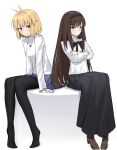  2girls ahoge arcueid_brunestud bad_id bad_twitter_id black_pantyhose black_ribbon black_skirt blonde_hair blue_eyes blue_skirt blush brown_hair coti_neko crossed_arms formal_clothes hair_intakes hair_ornament hairband hairpin heart highres jewelry long_hair looking_at_another miniskirt multiple_girls necklace pantyhose red_eyes ribbon shirt short_hair sitting skirt sweater tohno_akiha tsukihime tsukihime_(remake) turtleneck turtleneck_sweater white_background white_shirt white_sweater 