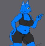  2018 5_fingers :3 anthro bangs belly big_breasts black_clothing black_eyes blue_fur breasts cat cleavage clothed clothing crop_top deep_navel digital_media_(artwork) eyebrows eyeshadow feline female front_view fur grey_background hair_over_eyes hand_on_hip izzy223 looking_at_viewer makeup mammal midriff milki navel noseless shirt shorts simple_background slightly_chubby smile solo tank_top thick_thighs v_sign voluptuous wide_hips 