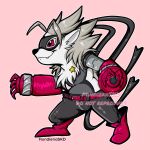 2025 anthro bandai_namco belt bottomwear chibi clothing cybernetic_arm cybernetic_limb digimon digimon_(species) digimon_beatbreak digital_media_(artwork) fangs female footwear fur grey_body grey_fur grey_hair hair hi_res mask mechanical_arm mundienaskd pants red_eyes shoes solo star teeth white_body white_fur wolvermon zipper