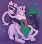 2025 3_heads ambiguous_gender anthro blush bovid caprine clothing clover_(deltarune) deltarune duo eyewear felid feline feral glasses goat grin hat headgear headwear hi_res horn mammal multi_head ralsei ray_karr riding_on_back scarf simple_background size_difference smile tail teeth undertale_(series)