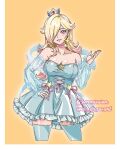  1girl bare_shoulders blonde_hair blue_dress blue_thighhighs breasts choker cleavage collarbone commentary commission contrapposto cosplay cowboy_shot cropped_legs crown detached_sleeves di_draw.art dress earrings english_commentary gradient_hair hair_over_one_eye hand_on_own_hip highres instagram_username jewelry kitagawa_marin large_breasts long_hair mario_(series) mini_crown multicolored_hair parted_lips pink_choker pink_eyes pink_hair rosalina rosalina_(cosplay) see-through_clothes see-through_sleeves shiny_skin short_dress smile solo sono_bisque_doll_wa_koi_wo_suru star_(symbol) strapless strapless_dress super_mario_galaxy thighhighs watermark 