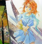  1girl agahari ancient_ys_vanished art_brush art_tools_in_frame bandaged_wrist bandages blue_dress blue_eyes blue_scarf commentary_request dress lilia_(ys) looking_at_viewer medium_hair orange_hair paintbrush painting_(medium) parted_lips photo_(medium) scarf short_dress short_sleeves solo standing traditional_media ys 