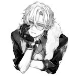  1boy absurdres aventurine_(honkai:_star_rail) belt_collar bracelet cleavage_cutout closed_mouth clothing_cutout collar cropped_torso eyes_visible_through_eyewear gloves highres honkai:_star_rail honkai_(series) jewelry looking_to_the_side male_focus nanimononimo parted_hair short_hair sideways_glance simple_background sleeve_cuffs solo sunglasses three-quarter_sleeves watch white_background wristwatch 