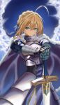  1girl absurdres aqua_eyes armor artoria_pendragon_(fate) blonde_hair blue_cape blue_dress blue_ribbon breastplate cape closed_mouth commentary dress fate/grand_order fate_(series) faulds fur_trim gauntlets hair_bun hair_ribbon highres holding holding_sword holding_weapon kaka_(abclkj12) long_hair looking_at_viewer ribbon saber_(fate) sidelocks single_hair_bun solo sword very_long_hair weapon 