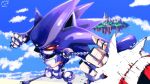  2boys battle clenched_hand commentary day english_commentary gloves highres in-universe_location knuckles_the_echidna male_focus mecha_sonic_mkii multiple_boys outdoors pov red_eyes robot sonic_&amp;_knuckles sonic_(series) sonic_the_hedgehog_(classic) uug_naa white_gloves 