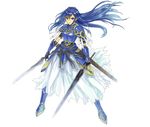  absurdres armor armored_dress blue_eyes blue_hair boots braid cocoroten dual_wielding earrings floating_hair gauntlets greaves half_updo highres holding jewelry knight long_hair long_skirt original pauldrons sheath side_braid simple_background skirt solo sword weapon white_background 