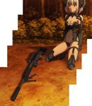 armor blue_eyes boots breasts cleavage date_a_live forest highres kneeling nature sad screencap short_hair silver_hair sniper solo sunset tobiichi_origami 