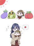  2girls :> :d ? ^_^ blue_eyes blue_hair blush brown_cardigan brown_dress cardigan carrying carrying_person chibi child_carry closed_eyes closed_mouth commentary_request dollchestra dress gonzales_(love_live!) hair_intakes half_updo hasu_no_sora_school_uniform highres kachimachi_kosuzu link!_like!_love_live! long_hair long_sleeves looking_at_another love_live! moso_(expect66) motion_lines multiple_girls murano_sayaka nasu-san_(love_live!) neckerchief open_cardigan open_clothes open_mouth sailor_collar sailor_dress school_uniform smelling smile spoken_sun stuffed_dinosaur stuffed_eggplant stuffed_tomato sun tomati_(love_live!) virtual_youtuber white_sailor_collar winter_uniform yellow_neckerchief 