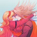  1girl blonde_hair blue_eyes coat cyborg cyborg_009 eye_contact francoise_arnoul hairband hands_on_another's_hips hands_on_another's_shoulders hug jet_link light_blush long_hair looking_at_another orange_hair red_coat red_hairband sariokisu scarf soldier spiked_hair yellow_scarf 