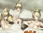  animal_ears asa_(xametaler) blonde_hair breasts closed_eyes cup flat_chest fox_ears fox_tail huge_breasts large_breasts lips multiple_girls nude onsen original partially_submerged sarashi side_ponytail tail tray 