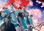  1girl 6+boys aqua_haori arm_guards black_hair black_hakama black_kimono black_scarf blonde_hair braid cherry_blossoms curtained_hair fate/grand_order fate_(series) fighting_stance flag forehead_protector fur_shawl grey_hair grey_hakama grey_kimono hakama haori haori_on_shoulders harada_sanosuke_(fate) harada_sanosuke_(teal_haori_and_hakama)_(fate) headband high_ponytail highres hijikata_toshizou_(teal_haori_and_hakama)_(fate) holding holding_polearm holding_weapon japanese_clothes katana kimono kondou_isami_(fate) lack medium_sideburns multiple_boys nagakura_shinpachi_(fate) nagakura_shinpachi_(third_ascension)_(fate) okita_souji_(fate) okita_souji_(teal_haori_and_hakama)_(fate) over_shoulder polearm ponytail ready_to_draw red_hair saitou_hajime_(fate) saitou_hajime_(third_ascension)_(fate) scar scar_on_arm scar_on_face scar_on_forehead scarf shawl sheath sheathed shinsengumi_(fate) short_ponytail sleeveless sleeveless_kimono spiked_headband sword sword_over_shoulder tasuki toudou_heisuke_(fate) toudou_heisuke_(third_ascension)_(fate) unsheathed wavy_hair weapon weapon_over_shoulder white_hair white_hakama white_kimono yamanami_keisuke_(fate) yamanami_keisuke_(third_ascension)_(fate) 