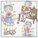  >_< 1girl bench bird blue_bow blue_dress blue_hair blue_shoes bow chigu chips_(food) cirno closed_eyes collared_shirt commentary_request detached_wings dress drinking_straw eating facing_viewer fang food food_on_face frog hair_bow highres ice ice_wings mary_janes multiple_views musical_note neck_ribbon on_bench open_mouth pinafore_dress popcorn puffy_short_sleeves puffy_sleeves red_ribbon ribbon shirt shoes short_sleeves sitting skin_fang sleeveless sleeveless_dress smile socks touhou twitter_username white_shirt white_socks wings 