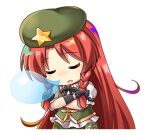  1girl beret black_bow black_bowtie bow bowtie braid chibi chibi_only closed_eyes collared_shirt crossed_arms facing_viewer green_hat green_skirt green_vest hair_bow hat hat_ornament hong_meiling long_hair lowres nose_bubble official_art open_mouth puffy_short_sleeves puffy_sleeves red_hair rotte_(1109) second-party_source shirt short_sleeves skirt sleeping solo star_(symbol) star_hat_ornament sticker_(medium) touhou touhou_lostword transparent_background twin_braids very_long_hair vest white_shirt 