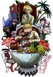  5boys building danganronpa danganronpa_1 eating fat fat_man food fukawa_touko highres hinata_hajime kirigiri_kyouko komaeda_nagito komatsuzaki_rui_(style) koutei_penko monokuma monomi_(danganronpa) multiple_boys multiple_girls naegi_makoto nanami_chiaki official_style palm_tree super_danganronpa_2 togami_byakuya togami_byakuya_(super_danganronpa_2) tree 