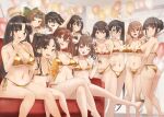  6+girls ashigara_(kancolle) balloon bikini black_hair breasts brown_hair chikuma_(kancolle) collarbone couch creator_connection double_bun folding_fan gold_bikini haguro_(kancolle) hair_bun hand_fan holding holding_fan indoors jintsuu_(kancolle) kantai_collection large_breasts long_hair medium_breasts microphone multiple_girls myoukou_(kancolle) nachi_(kancolle) naka_(kancolle) navel nisshin_(kancolle) ponytail sendai_(kancolle) short_eyebrows short_hair shouhou_(kancolle) sitting small_breasts swimsuit toka_(marchlizard) tone_(kancolle) 