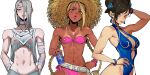 3girls a.k.i._(street_fighter) bikini blonde_hair breasts brown_hair cammy_white can chun-li cleavage dark-skinned_female dark_skin grey_hair highres holding holding_can multiple_girls nipples pink_bikini pink_lips smile street_fighter street_fighter_6 swallowszinan sweat swimsuit white_background 