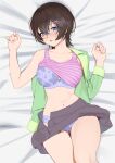  1girl borrowed_character bra breasts brown_hair brown_skirt carlo_montie clothes_lift commentary commission cowboy_shot english_commentary glasses green_jacket hair_ornament hairclip highres jacket large_breasts looking_at_viewer lying navel on_back open_clothes open_skirt original panties parted_lips partially_undressed pink_tank_top purple_bra purple_eyes purple_panties rimless_eyewear round_eyewear shirt_lift short_hair skirt solo tank_top underwear w_arms 